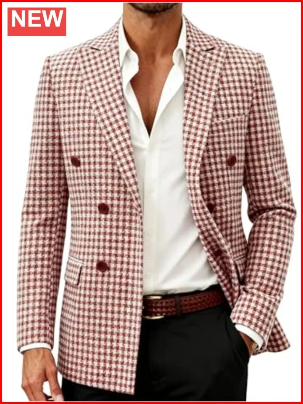 Men's Houndstooth Double Breasted Suit Jacket Slim Fit Tuxedo Coat